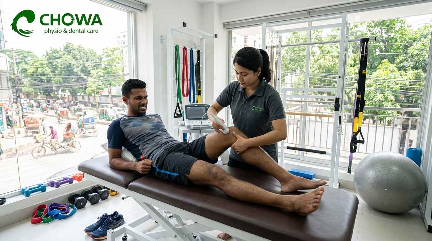 Athlete getting physiotherapy in Dhaka clinic showing how to recover from sports injury faster with expert rehab care