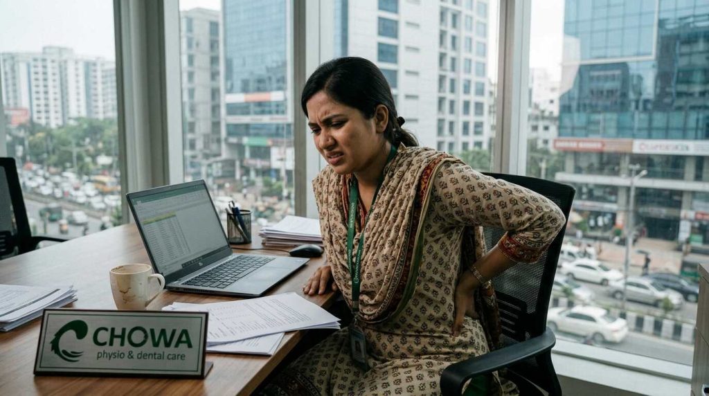 Office worker suffering back pain before Back Pain Physiotherapy in Gulshan treatment and recovery solution