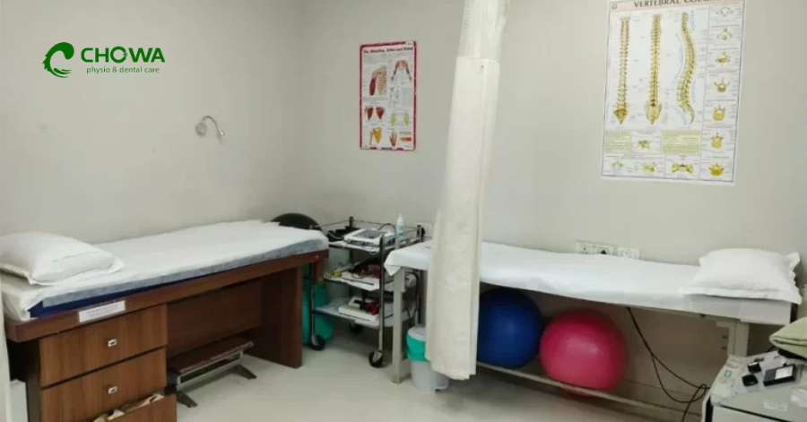 Semi-private treatment cubicles and rehab equipment at Chowa physiotherapy clinic in Gulshan.