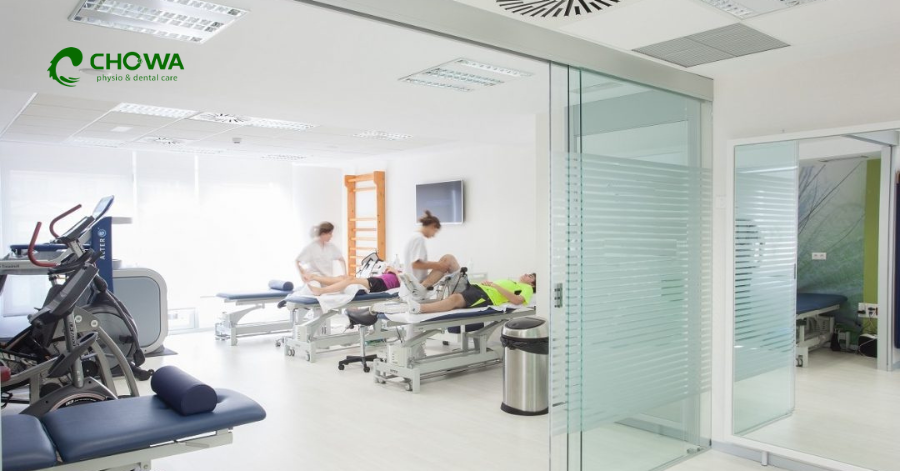 Semi-private treatment cubicles and rehab equipment at Chowa physiotherapy clinic in Gulshan.